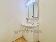 三面鏡にハンドシャワー付きで使いやすい洗面台です＾＾鏡裏と洗面ボウル下に収納付きの洗面台なので、整理整頓ができスッキリと使えます＾＾