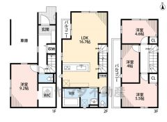 4LDK　1F　9.2帖洋室　2Ｆ　LDK16.7帖　3F　3洋室