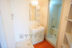 洗面台は鏡付きで毎朝の支度もはかどります。歯みがきセットや化粧品もきれいに整頓できますよ。