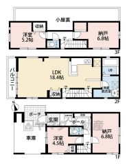 お掃除しやすいオールフローリング。リビング広々18.4帖。納戸×2、小屋裏、リビング収納、ホール収納と収納豊富＾＾