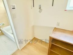 洗面台、洗濯機置き場、バスルームが連なっている、生活導線の考えられた作りになっています。
