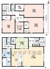 4ＬＤＫとウォークインクローゼットでゆとりのある暮らしが実現。リビングは15帖以上の開放感あふれる空間です。2階は洋室が3部屋あるので、お子様が大きくなっても安心ですね＾＾