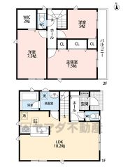 3LDKにWIC(2帖)　1階LDKは18.2帖　2階3洋室(全居室収納スペース付き)　