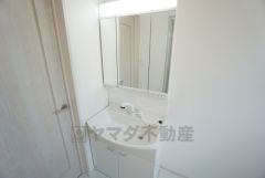 三面鏡にハンドシャワー付きで使いやすい洗面台です＾＾鏡裏と洗面ボウル下に収納付きの洗面台なので、整理整頓ができスッキリと使えます＾＾