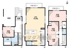4LDK　1F　3.7帖洋室　2Ｆ　18.6帖リビング　3F　3洋室