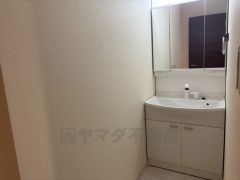 三面鏡つき洗面台。収納も一体型になっているので、化粧品や予備の歯ブラシ等もきれいに整頓できますね＾＾