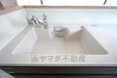 大きなお鍋も楽々洗える、幅が広いシンク。 洗剤や石鹸、スポンジもすっきりできる収納付き。浄水器が一体化した水栓シャワーが付いているので、節水効果もありますね＾＾