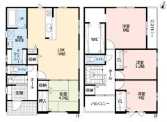 LDK16帖に4.5帖の和室が隣接し、2階には8帖の主寝室をはじめ全3洋室を配置。各所に収納も備えています＾＾
