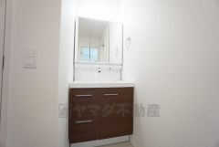 三面鏡にハンドシャワー付きで使いやすい洗面台です＾＾鏡裏と洗面ボウル下に収納付きの洗面台なので、整理整頓ができスッキリと使えます＾＾