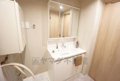 洗面台、洗濯機置き場、バスルームが連なっている、生活導線の考えられた作りになっています。