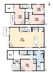1階は1部屋、2階はリビング、3階にはゆったりの3部屋あるので、ゆとりの暮らしが実現。