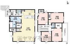 4LDK　LDK22.7帖　バルコニー付きの主寝室にはウォークインクローゼット