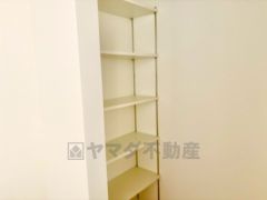 キッチンに設けられたパントリー。備蓄品や大きなお皿、使用頻度の少ない調理器具などの収納に便利です。