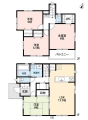 4LDK　LDK横には6帖の和室をご用意　 2階：3洋室　8帖の主寝室には南向きバルコニー付き