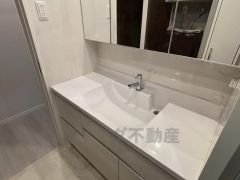 洗面台、洗濯機置き場、バスルームが連なっている、生活導線の考えられた作りになっています。