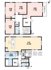 4LDK　LDKは18.3帖　7.7帖主寝室にはWIC完備