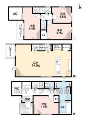 1階は1部屋、2階はリビング、3階にはゆったりの3部屋あるので、ゆとりの暮らしが実現。