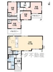 4LDK　LDKは19帖以上　8.8帖の主寝室にはウォークインクローゼット付き　 更に2面バルコニーで、室内に光と風をたっぷり取り込みます。