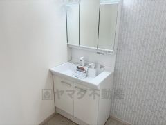 三面鏡にハンドシャワー付きで使いやすい洗面台です＾＾鏡裏と洗面ボウル下に収納付きの洗面台なので、整理整頓ができスッキリと使えます＾＾