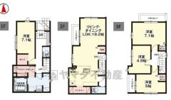 4LDK　1F　7.1帖洋室　ファミリークローク　WIC 2F　リビング18.2帖　パントリー 3F　3洋室　2面バルコニー