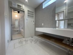 ゆとりのある洗面室。室内物干し付きなので天候や時間を気にせず洗濯物を干すことができます。