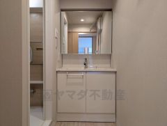 三面鏡にハンドシャワー付きで使いやすい洗面台です＾＾鏡裏と洗面ボウル下に収納付きの洗面台なので、整理整頓ができスッキリと使えます＾＾