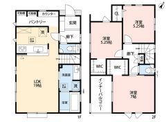 3LDK　パントリー　2つのウォークインクローゼットで収納充実の住まい