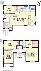 4LDK　LDKは17.5帖　12帖の主寝室にはフリースペース　WIC付き