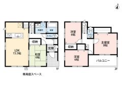 4LDK　LDK横には6帖の和室をご用意　 2階：3洋室　8帖の主寝室には南向きバルコニー付き