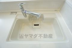 キッチンシンクは洗剤やスポンジを収納出来るラック付き。広さも確保しているので、大きなお鍋も洗いやすいですね。