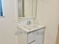 洗面台、洗濯機置き場、バスルームが連なっている、生活導線の考えられた作りになっています