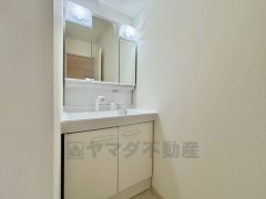 洗面台、洗濯機置き場、バスルームが連なっている、生活導線の考えられた作りになっています。