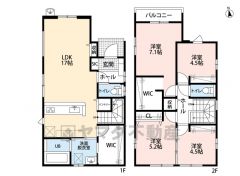 4LDK　1Fキッチン横にはパントリー完備　2F主寝室にはWIC付き