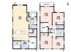 4LDK　1Fキッチン横にはパントリー完備　2F主寝室にはWIC付き