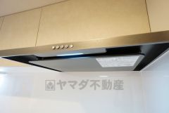 風量が弱・強と切替え可能なレンジフードが調理中の煙をしっかり吸い込みます。手元を照らすライト付きです。
