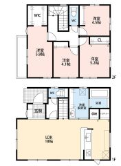 4LDK 1F　18帖の広々リビング　キッチン横には収納　パントリー完備 2F　4洋室　主寝室にはWIC付き