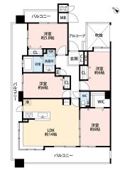 4LDK、WIC完備。LDKは約14帖。全居室5.8帖以上を確保し、3面バルコニーで開放感のある間取りです＾＾