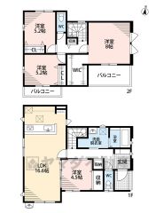 オールフローリング4LDK。リビングに隣接した洋室は玄関側からも出入りのできる2WAY仕様＾＾主寝室は約8帖、大容量のWIC付き＾＾