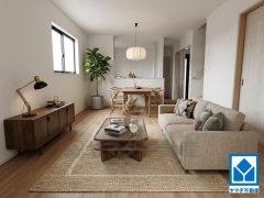 家具はCGによるものです。現況と異なる場合は現況優先です。 家族が集まる開放的なリビング。思い思いの時間を過ごしたり食事をしたり、素敵な団らんの場になりますね。