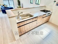 使い勝手の良いシステムキッチン。対面式キッチンからはリビングにいる家族の様子が確認できて安心です＾＾