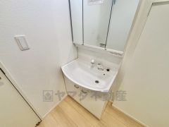 洗面台、洗濯機置き場、バスルームが連なっている、生活導線の考えられた作りになっています。