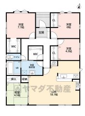 4LDK　平屋建て、全居室収納付き（ファミリークローク、WIC、パントリー）