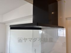 スタイリッシュなレンジフード＾＾調理中に出る湯気や油分などを効率よく外に逃がしてくれます。