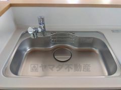 広々としたステンレスシンクには、洗剤やスポンジを収納出来るラック付き。広さも確保しているので、大きなお鍋も洗いやすいです。
