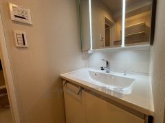 洗面台、洗濯機置き場、バスルームが連なっている、生活導線の考えられた作りになっています。洗面台は三面鏡にハンドシャワー付きで使いやすい設計です。