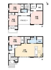 4LDK　LDKは17.5帖　12帖の主寝室にはフリースペース　WIC付き