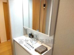 三面鏡にハンドシャワー付きで使いやすい洗面台です＾＾鏡裏と洗面ボウル下に収納付きの洗面台なので、整理整頓ができスッキリと使えます＾＾