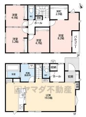 1階は19.5帖のLDK。スタディーカウンター付き＾＾2階には4洋室、うち2居室は引き戸で仕切られているので戸を開けて大きな一部屋としても＾＾