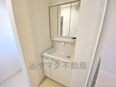 三面鏡にハンドシャワー付きで使いやすい洗面台です＾＾鏡裏と洗面ボウル下に収納付きの洗面台なので、整理整頓ができスッキリと使えます＾＾