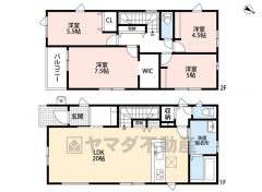 4LDK　LDK20帖　2F　7.5帖の主寝室にWIC完備